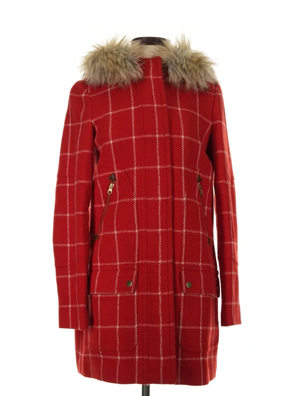 JCrew Chateau Wool Parka Red White Windowpane Plaid Coat w/ Faux Fur Trim Hood 2